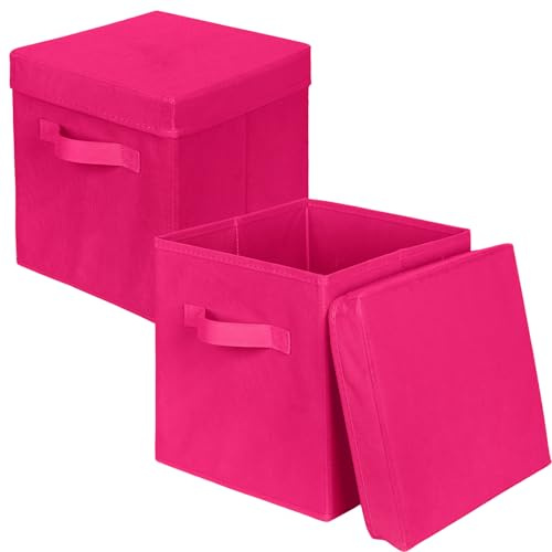 powerking Scatola di stoccaggio Bins, 2 pacchetto pieghevole tessuto stoccaggio cubo con coperchio, vestiti organizzatore cassetto per armadio e giocattoli stoccaggio, 27x27x28cm，Rose Red