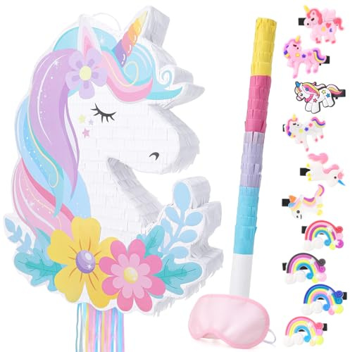 Kaisibum Einhorn Piñata Set mit 10 Haarspangen, Komplettes Piñata Partyspiel, Einhorn Partytüten Füller, Gastgeschenke für Kindergeburtstage und Babypartys