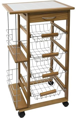 EMPOTEC Carrello Cucina in Legno con Top Ceramica, Naturale, 4 Cesti Estraibili, con Ruote, 84x47x37 cm Cesti Frutta Estribili