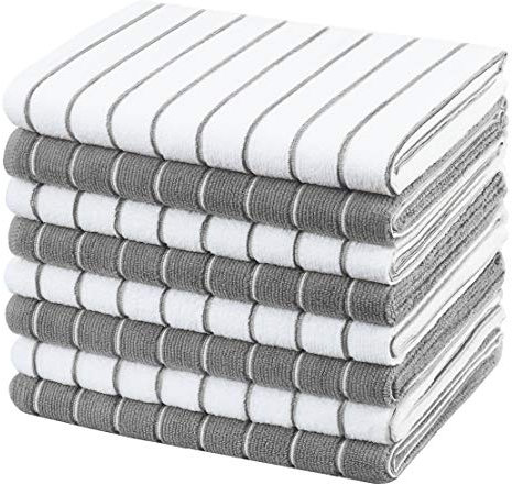 gryeer Microfibre Tea Towels - Pack of 8 (Stripe Designed Grey and White Colours) - Soft, Super Absorbent and Lint Free Kitchen Towels, 45 x 65 cm