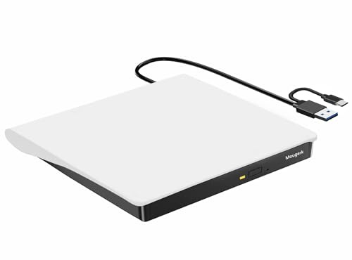 Mougerk Unidad de DVD externa, portátil tipo C, USB 3.0, reproductor de DVD, CD, DVD, CD, +/-RW, lector de ROM, grabadora para portátiles de escritorio (blanco)