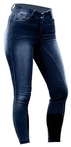 HORZE Kaia Womens Denim Horse Riding Pants | High Waist Silicone Full Seat Breeches - Dark Blue - 24