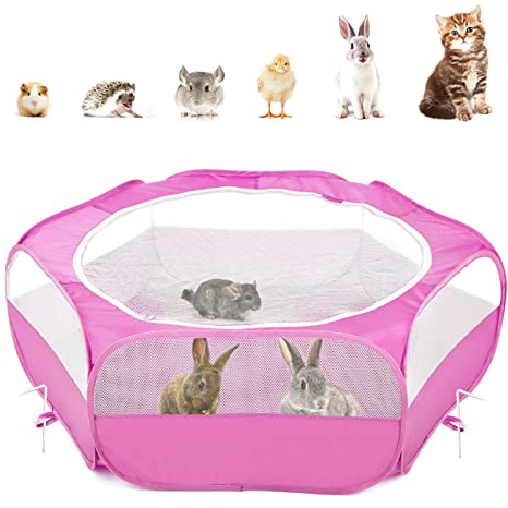 Pawaboo Valla de Animales Portátil de Oxford, Parque de Animales Plegable con Tres Varillas Metálicas, Amplia Abertura para Erizos Ardillas Gatos Dragón y Conejos - Rosa Roja