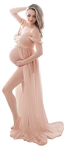 FEOYA-Femmes Enceintes Robe sans Bretelles Photographie pour Les Femmes Enceintes Robes de Maternite Accessoires Hors Epaule Robe EtE Sexy en Mousseline de Soie Photos Tirer Devant Fendu,S,Rose
