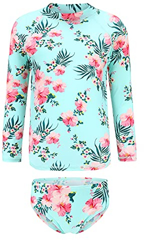 Big Girls Two Pieces Swimming Costume Rash Guard Swimsuits Long Sleeve Rash Vest with Short Swim Sets Age 11-12 Years