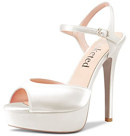 Saekcted Donna Alto High Tacco Heel Piattaforma Sandali Cinturino alla Caviglia Aperte sulla Punta 13 CM Heels da Matrimonio Feste Sexy Romani Scarpe Bianco Raso 37 EU