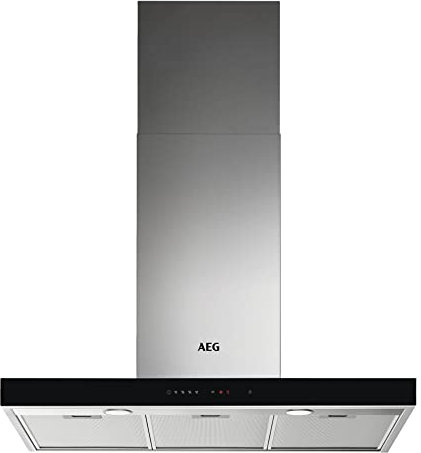 AEG DBE5960HB Kamin-Dunstabzugshaube mit Glas / Serie 8000 mit Breeze / Abluft oder Umluft / 90cm / Edelstahl / Hob²Hood / max. 480 m³/h / min. 56 – max. 73 dB(A) / A / Touch-Bedienung / Edelstahl