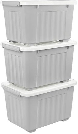 Cetomo 35L*3 Scatole di Stoccaggio con Coperchi, Contenitori in Plastica con Ruote, Clip On, Impilabili, Incastonabili, Organizzatore a Righe per Casa Ufficio, Grigio, 35L-3 Pezzi