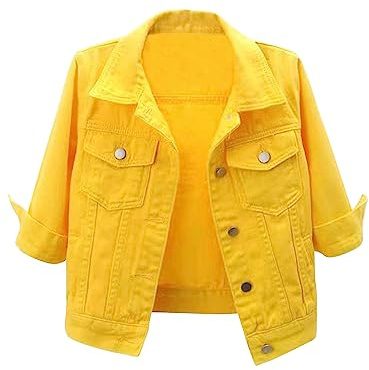 dPois Giacche di Jeans da Donna con Tasche a Maniche 3/4 Giacca in Denim Jacket Tinta Unita Capotto Coprispalle Giubbotto Estivo Trucker Giacca Giacchetto Bolero Top Corto Giallo XL