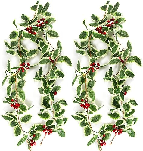 Muccp 6 Ft Artificial Flowers Christmas Holly Spray Berries Garland Plant Red Berries Leaves Garland for Home Party Holiday Decoration (White Green)