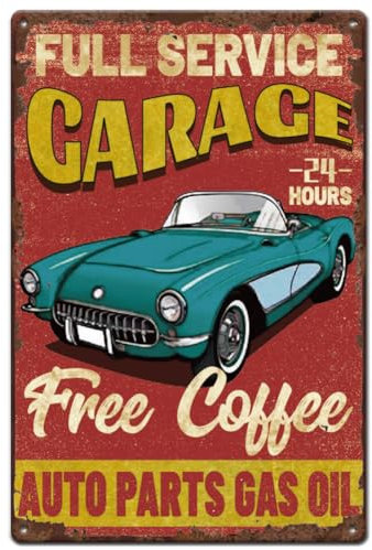 SUPERDANT Full Service Garage Tin Sign Garage Metal Tin Sign Free Coffee Metal Signs 24 Hours Car Service Signs for Man Cave Cafe Bars Pubs Shop Funny Retro Wall Decoration