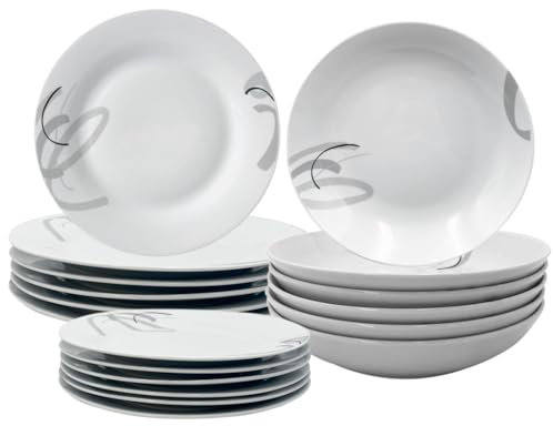 Virsus Servizio di Piatti ROTONDI per 6 Persone 7076, 18 Piatti in Porcellana color Bianco con Righe, Set composto da Piatto Fondo Diam.20,5cm, Piatto Piano Diam.24cm e Piattino Dessert Diam.19cm