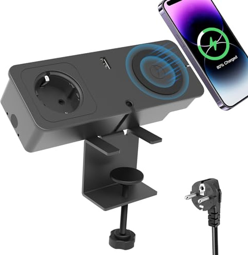 Tischsteckdose mit PD 20W USB C, KingTSYU Steckdosenleiste Schreibtisch mit AC/2 USB A Port/15W Kabelloses Ladegerät, Klemmbar Tisch Steckdose, 1,5M Kabel Mehrfachsteckdose für Büro
