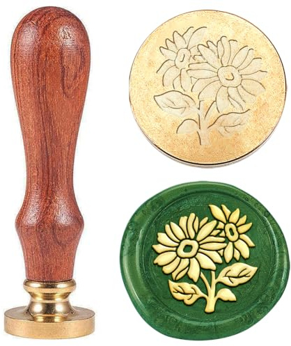 Hobbspring 1pc Sunflower Wax Sealing Stamp Vintage Floral Wax Seal Stamp 25mm Removable Brass Head Stamp with Wooden Handle for Envelopes Invitation Card Gift Wedding Decoration Back to School