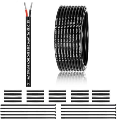 14 AWG 2×2.0mm² 2 Core 12V 24V Electrical Wire 50FT/15M, 14 Gauge 2 Conductor Wire Cable Stranded Tinned Copper PVC Twin Wires for LED Strips Lighting, Outdoor Cable, Automotive, CE Listed