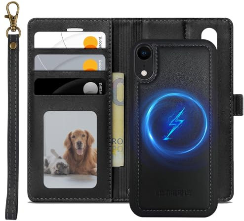 XTCASE Leather Case for iPhone XR, Magnetic Compatible with MagSafe, 2 in 1 Removable Mobile Phone Case, Wireless Charging, Flip Wallet with Card Slot Stand Protective Shockproof Cover, Black