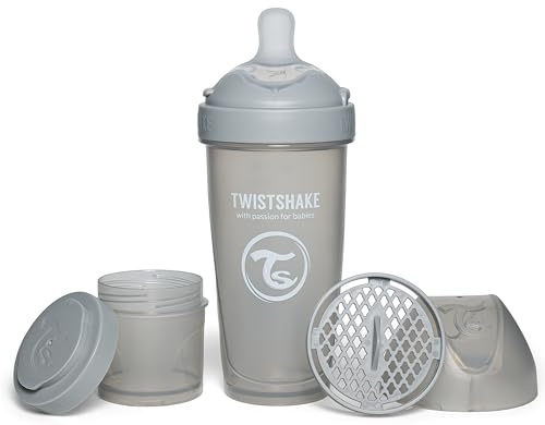 Twistshake Pro Double Biberón Anticólicos con Envase de Leche en Polvo - 330 ml | Pezón de Silicona de Flujo Rápido con Forma de Seno | Sin BPA | Adecuado para Bebés de Más de 4m+ | Gris