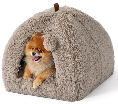 Bedsure Cama para Gatos Grande - 44 x 44 x 44 cm Cueva para Gatos Casa de Felpa para Gatos para Interior con cojín extraíble y Juguete Colgante, Cama para Gatos Lavable, Camello