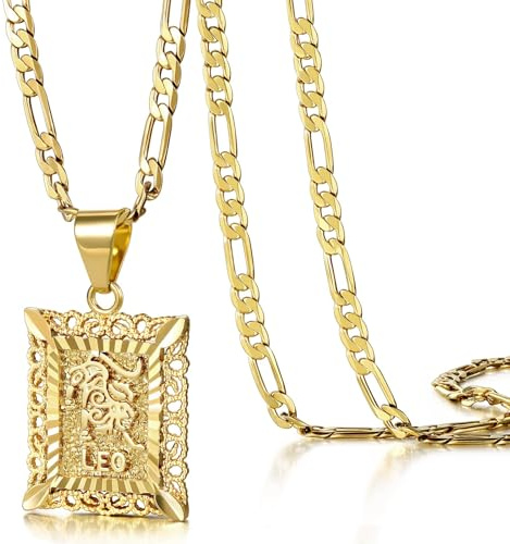 KissYan Zodiac Pendant Necklace for Women Men, 14K Gold Plated Square Constellation Sign Horoscope Figaro Chain Jewelry Birthday Gift(Leo)