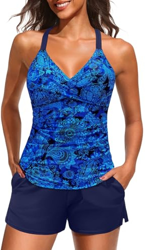 Yonique Women Underwire Tankini Swimsuit with Shorts - Two Piece Tummy Control Bathing Suit 2025 Swimwear with Pockets Blue Paisley XXL