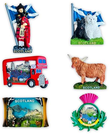 LILAJ Scottish Fridge Magnets Resin Souvenirs Featuring Edinburgh Castle, Saltire Flag, Thistle, Bagpiper, Highland Cow (Heilan’ Coo), Scottie & Westie Dogs – Scotland Gift Set - 6