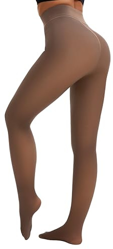 HeyUU termostrumpbyxor dam värmande fleece strumpbyxor fodrade vinterleggings varma och falska transparens, Kaffe med foder, L