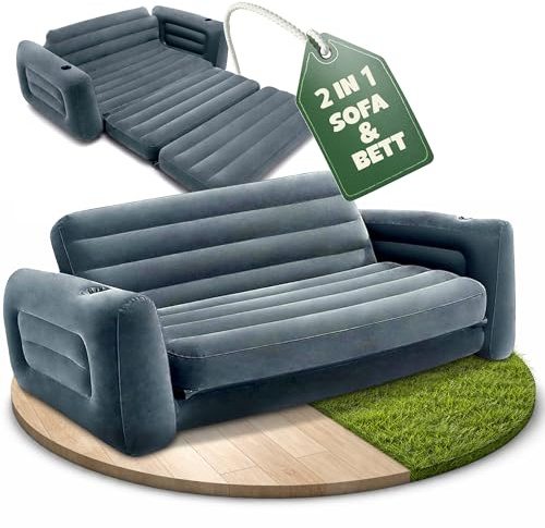JoyMotion Aufpumpbare Couch – luftgefüllte Camping Couch mit Ausziehfunktion – geflockte Oberfläche – aufblasbar für Gäste oder zum Camping (Grau)
