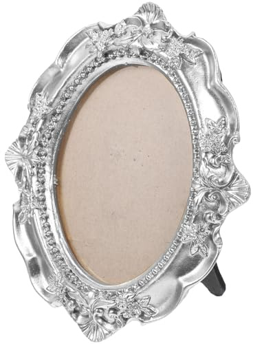 DONFAMDS Marco de Fotos Retro Pequeño Ovalado de Resina Plateado Marco Vintage para Decoración de Mesa y Exhibición de Imágenes Adorno Decorativo Antiguo para Hogar y Manualidades