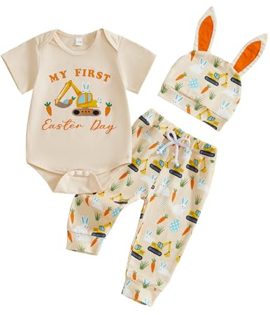 XIXIMAON My First Easter Day Baby Boy Outfits Excavator Bunny Carrot Print Short Sleeve Romper Elastic Jogger Pants Bunny Ear Hat Set 3pcs Infant Boy Fall Spring Clothes (Orange, 12-18 Months)