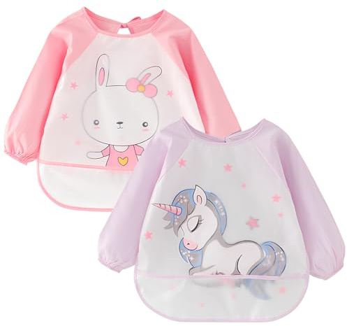 Lvjkes Baberos Bebe Impermeables, babero con mangas, Pack de 2 baberos de manga larga con bolsillo recoge comida, delantal para niños de 2 a 4 años, resistente a manchas y olores, Poni y Conejo