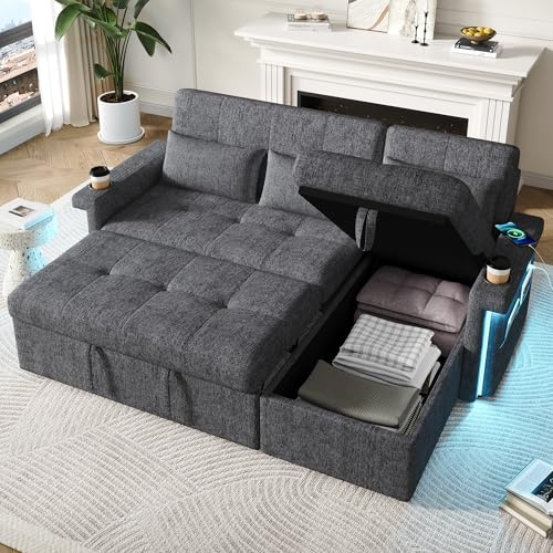 BTM Corner Sofa Bed 3 Seater with Pull-out Bed, LED lighting, Cup Holders & Adjustable Backrest L shaped Sofa with Storage Grey