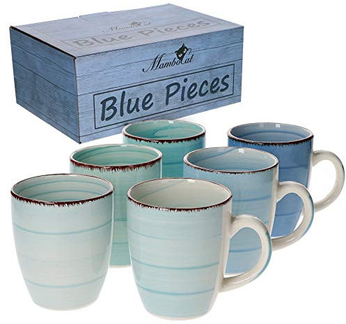 6-tlg. Kaffeebecherset Blue 350 ml Blaue Steingut-Tassen rund Trink-Becher für Heiß-Getränke Tee-Pott abstraktes Strudel-Dekor Geschirr