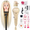 TwoWin Trainingsköpfe 70% Echtes Haar Blond Kosmetologie Puppe Kopf Friseur Training Modell Mannequin Kopf mit Halterung, DIY Haar Zubehör Styling, Geeignet zum Glätten, Locken, Dauerwelle