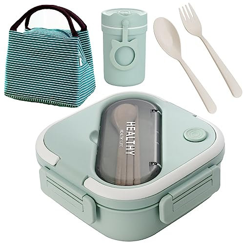 Kelsin Boîtes Bento 1300ml Boîte à Lunch Bento avec 3 Compartiments Boite Bento pour Micro-ondes avec Couverts & Tasse à Soupe e Portable Sac Isolant pour Picnic École Bureau Adultes Enfants