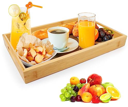 MXTIMWAN Tablett Serviertablett, Bambus Serviertablett mit Griffen, Holz Tablett Servierplatte, Rechteckig Küchentablett Servierplatte für Frühstück, Tee, Couchtisch (30 x 20 x 3,7 cm)