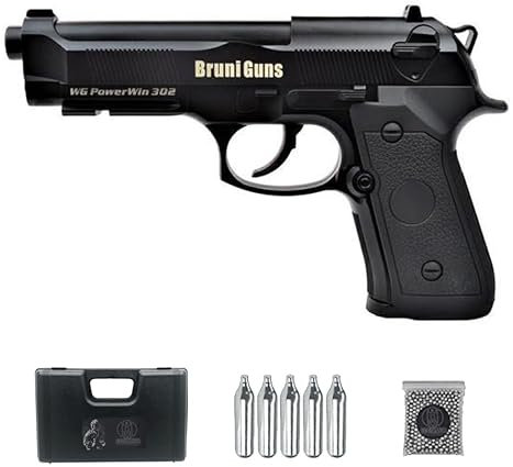 Ecommur. Bruni Powerwin 302 CN-812 (120 m/s)| Pistola de perdigones (Bolas BB's de Acero) de Aire comprimido semiautomática 4,5mm + maletín + balines y CO2