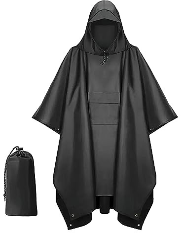 DAWRIS Waterproof Poncho Adults, Festival Poncho Waterproof Adult, Reusable Lightweight Rain Poncho Adult Waterproof with Drawstring Hood, Rain Mac In A Bag for Outdoor Hiking Camping Cycling (Black)
