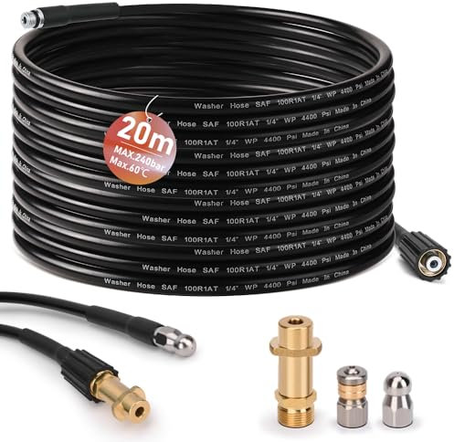 Rohrreinigungsschlauch 20m, mit M22 Adapter, Düsen starr + rotierend, 240bar 60°C Rohrreinigungsset Geeignet für Kränzle Kärcher K2-K7, Hochdruckreiniger Hochdruckschlauch