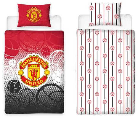 Manchester United FC Character World Offizielles Bettwäsche-Set für Einzelbett, Wappen-Design, wendbar, 2-seitig, Fußball-Bettwäsche, offizielles Lizenzprodukt, inkl. passendem Kissenbezug