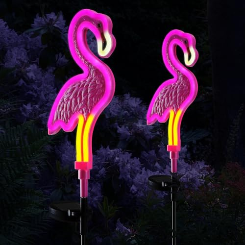 Flamingo Solar Lights Outdoor Decor, Solar Pink Flamingos Outdoor for Yard Decorations,Pink Neon Solar Flamingo Garden Lights for Outside,Pathways,Patio or Lawn Decor,Gifts for Mom(2Pack)