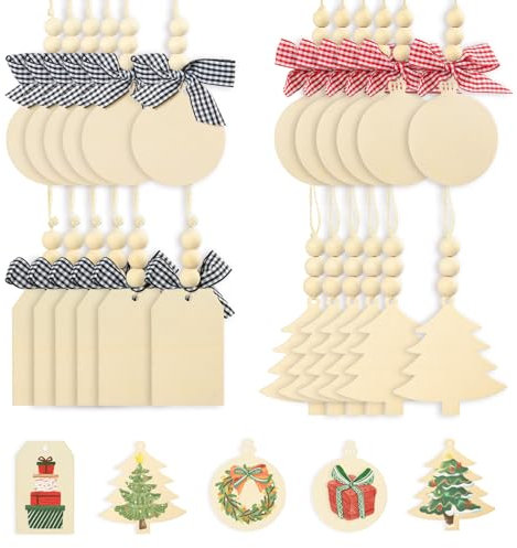 EDWINENE 24Stück DIY Weihnachtsdekoration Holz,Weihnachten Holzanhänger,Geschenkanhänger Weihnachten Holz,Schneeflocken Holz zum Bemalen,Basteln Weihnachten Holz,Tannenschmuck,Baumschmuck Holz