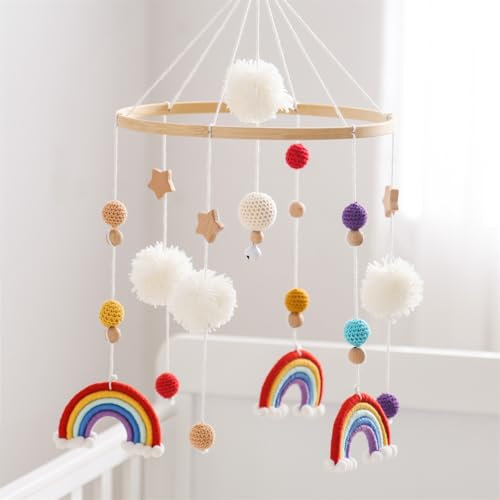 Herfair Mobiles Baby, Regenbogen Babybett Hölz Windspiele mit Bäll, Baby Mobile, Anhänger Babyzimmer Deko, Neugeborene Geschenk für Jungen Mädchen (Rot)
