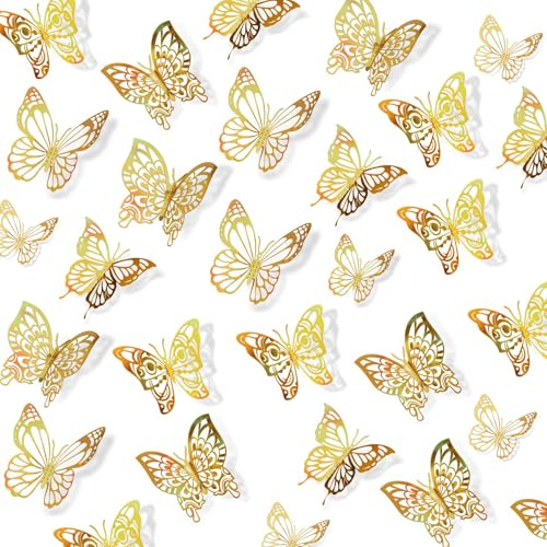 Farfalle Decorative Da Parete, Adesivo Muro Decorativo, Stickers Adesivi Murali - Decorazione Camera in Oro Sfumato, 72 Pezzi