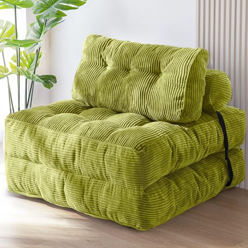 MAXYOYO Folding Sofa Bed, Convertible Sleeper Chair with Pilow Foldable Matress with Back Support, Portable Fold Out Chair Bed Comfy Floor Sofa Lounge for Living Room Bedroom, Green, Single