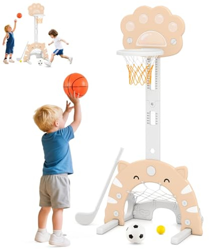 RELAX4LIFE 3 en 1 Canasta Baloncesto Infantil con Altura Ajustable, Juegos de Fútbol y Golf, Canasta Desmontable y Aro Plegable, Canasta Baloncesto para Niños de 3+ Años (Rosa)