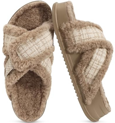 KuaiLu Chic Furry Slippers for Women Cozy Fuzzy Teddy Fleece Ladies Orthotic Arch Support Slides Cross Band Open Toe Plantar Fasciitis Platform Sandals Slip on House Shoes Indoor Outdoor Brown Size 7