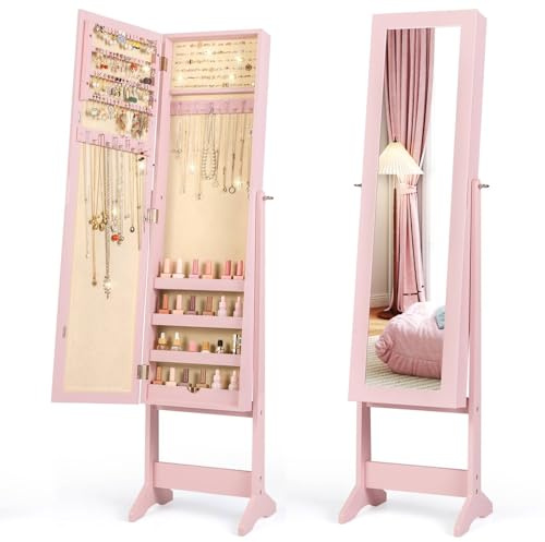 Multigot 2-in-1 Jewellery Cabinet, 3-Angle Adjustable Freestanding Jewellery Armoire with Full-Length Mirror, Mirrored Makeup Cosmetic Storage Organizer for Dressing Room Bedroom (Pink)
