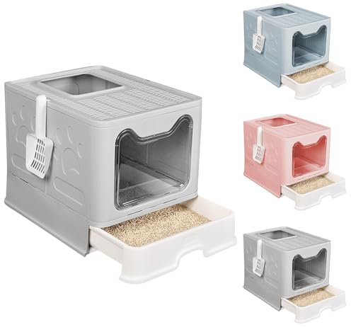 OHMG Casa de inodoro, bandeja de arena cerrada para gato, casa de baño, plegable, doble puerta batiente y superior + pala + cajón de arena de fácil limpieza, 38 x 41 x 51 cm, limpieza fácil