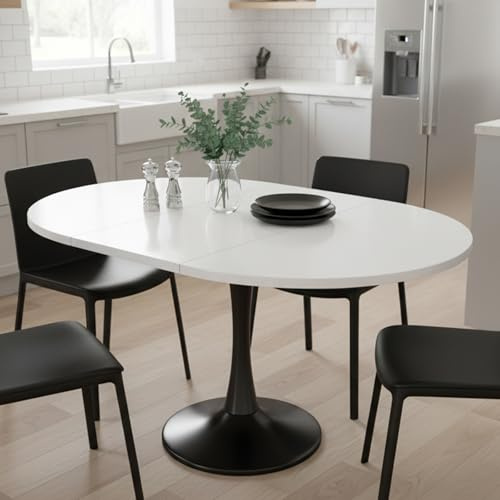 Lumivortex matbord runt utdragbart, köksbord 100/140 x 100 x 75 cm, matbord runt svart vit för 2-6 personer, matbord utdragbart för multifunktionella rum (A Rund, Vit + Svart)