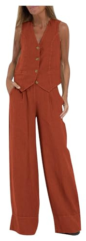 Tailleur Femme Ensemble Pantalon Lin Printemps Été À Col en V Gilet Pantalon Large en Couleur Unie Costume Décontracté Chic et Elegant Tops Leger et Respirant Ensembles Vêtements en Lin Tenue Plage